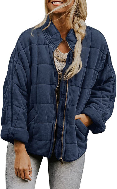 Winter Zip-up Stand Collar Coat With Pockets Fashion Solid Color Plaid Long Sleeved Jacket Women's Clothing