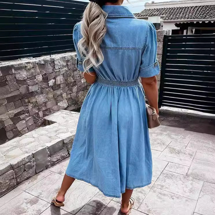 Women's Single-breasted Lapel Denim Dress Ins Fashion Temperament Slim-fit Short-sleeved Dress Summer