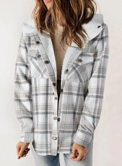Casual Plaid Hooded Woolen Coat Thickened Fleece-lined Warm Jacket